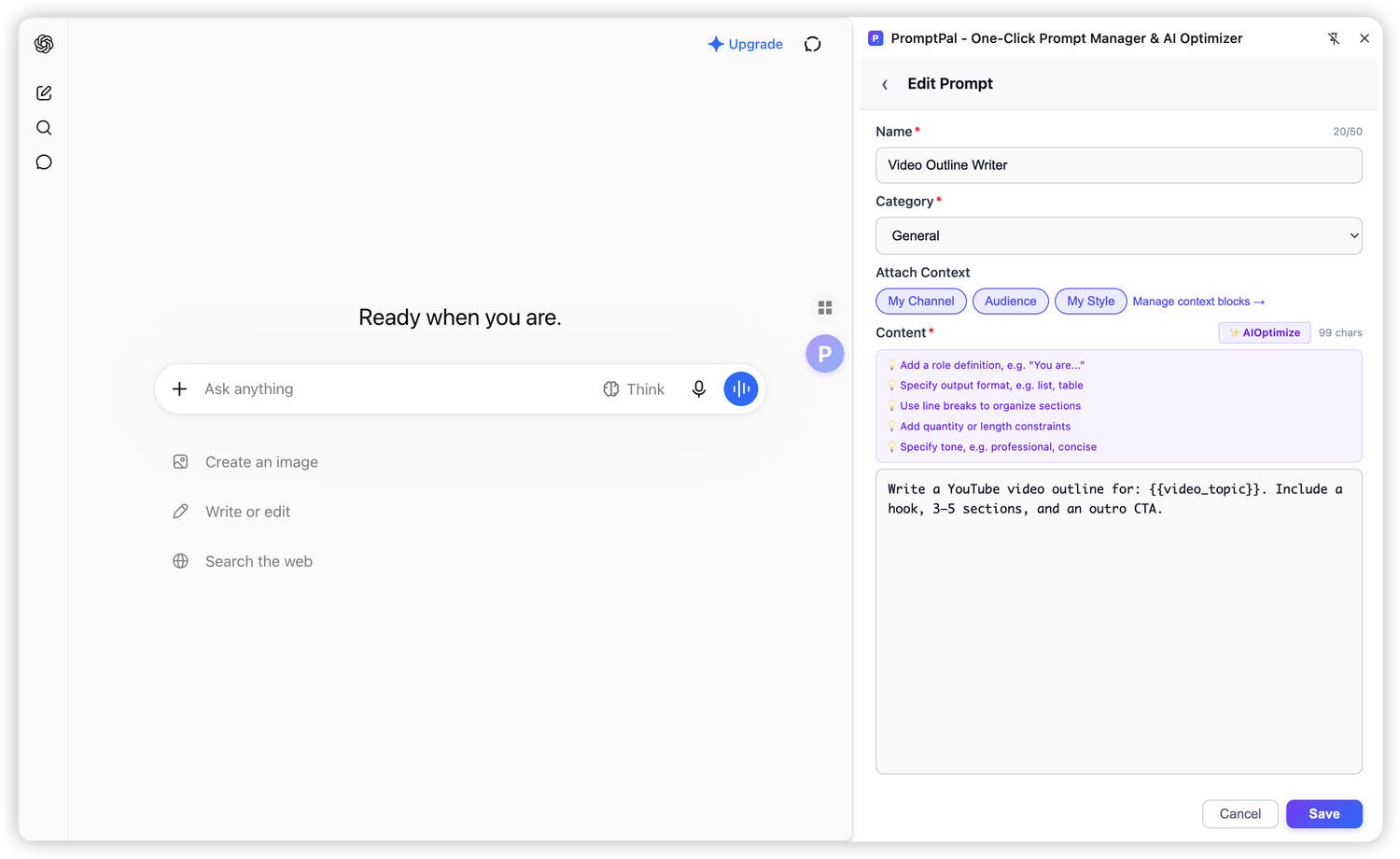 Attach context blocks to a prompt template in the PromptPal editor
