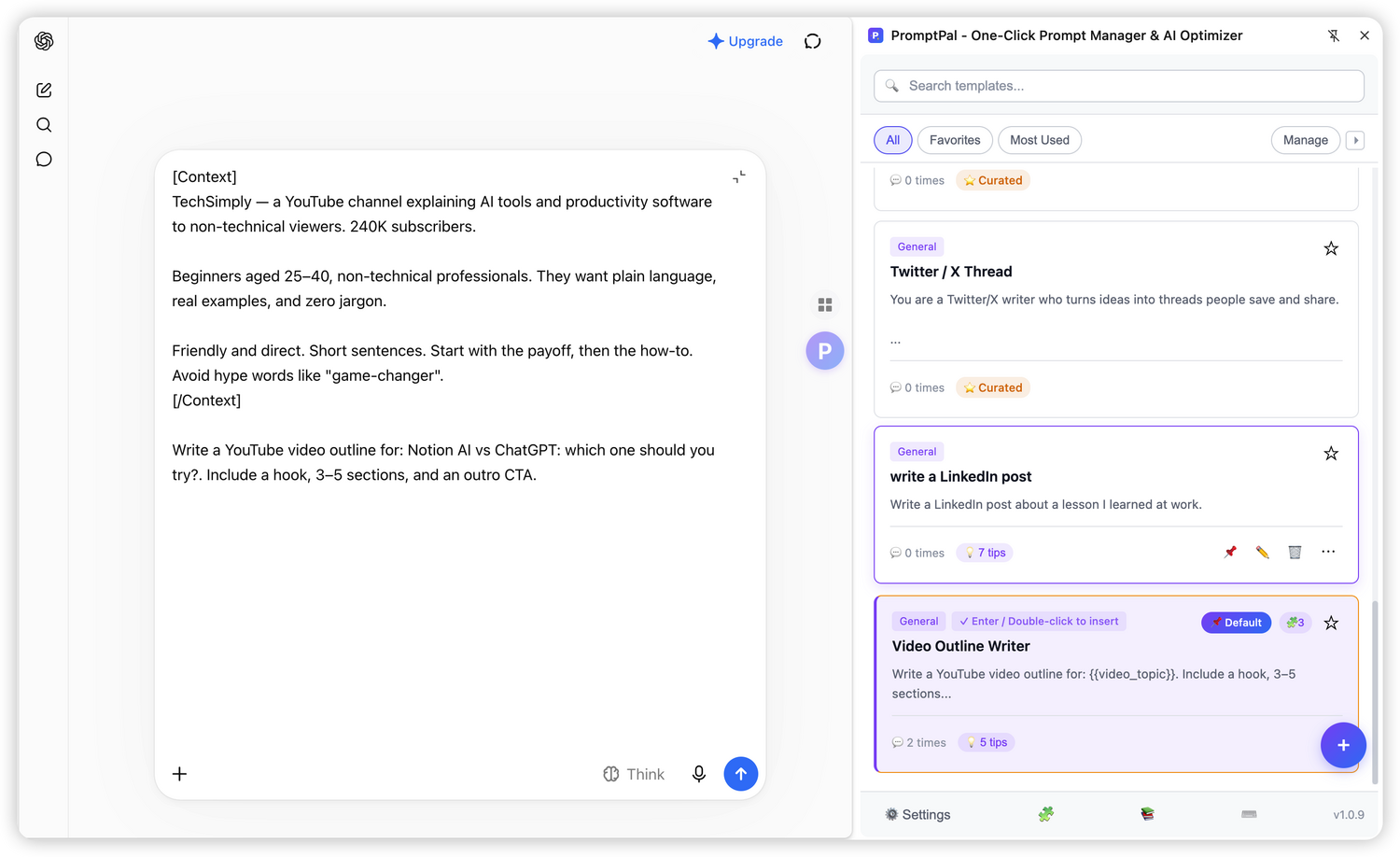 PromptPal context blocks: the inserted prompt automatically carries your saved background inside [Context] tags