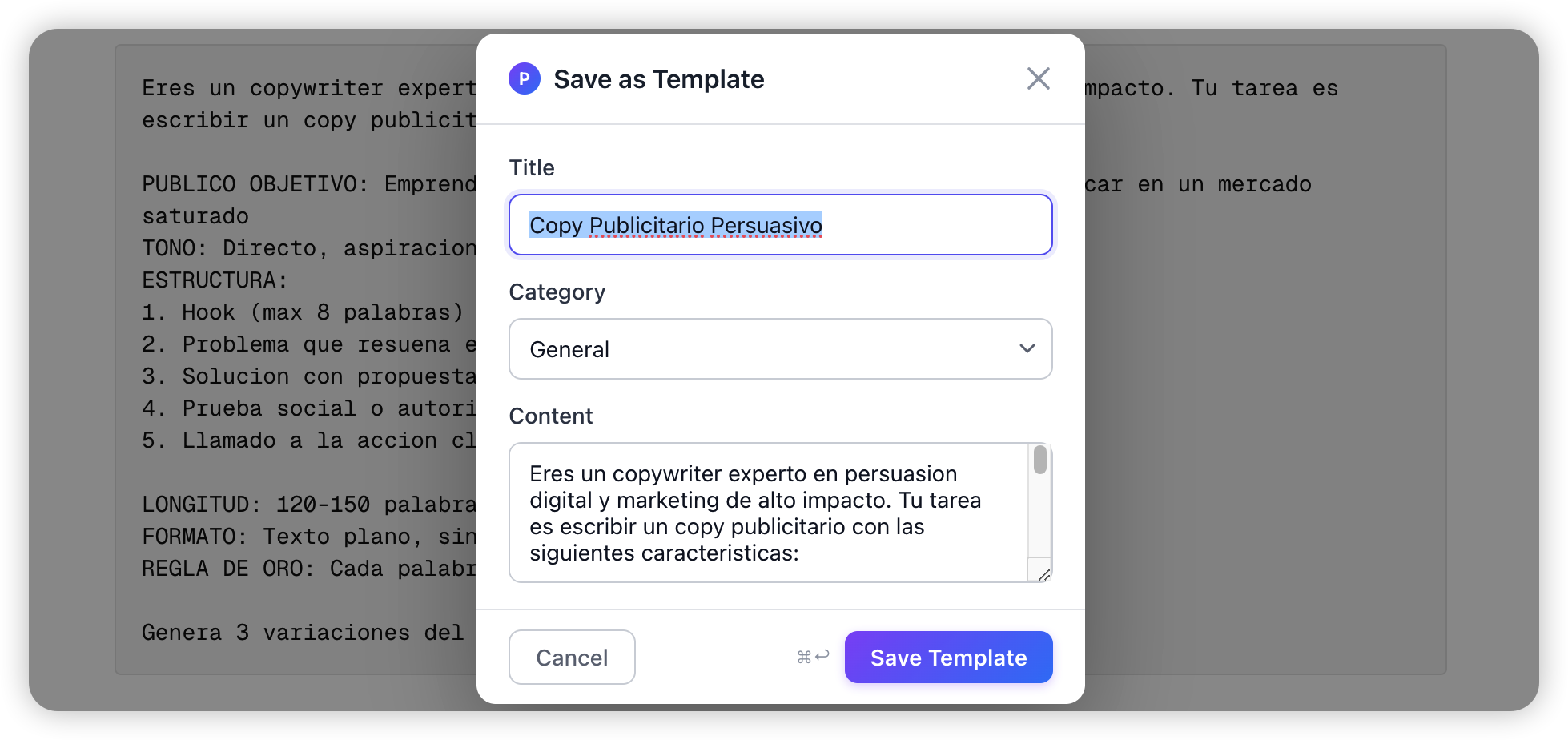 PromptPal save-as-template dialog with the selected text prefilled
