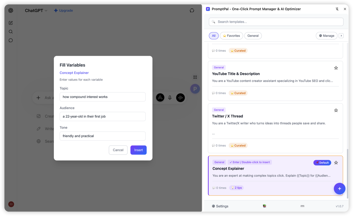 PromptPal variable fill modal: fill in Topic, Audience, and Tone before inserting the prompt