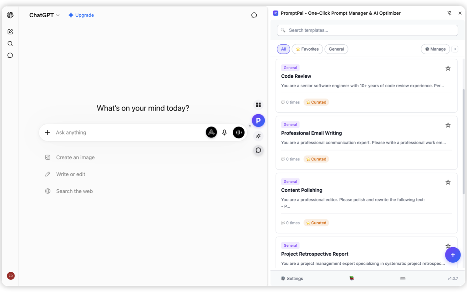 PromptPal sidebar with prompt templates and the floating button on ChatGPT